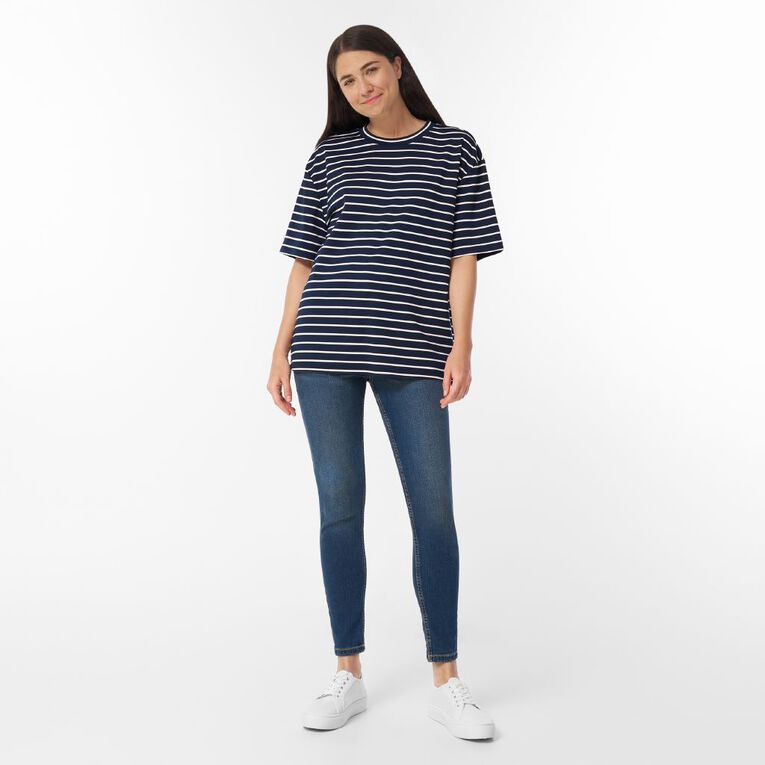H&H Women's Short Sleeve Boxy Stripe Tee, Blue Dark, hi-res