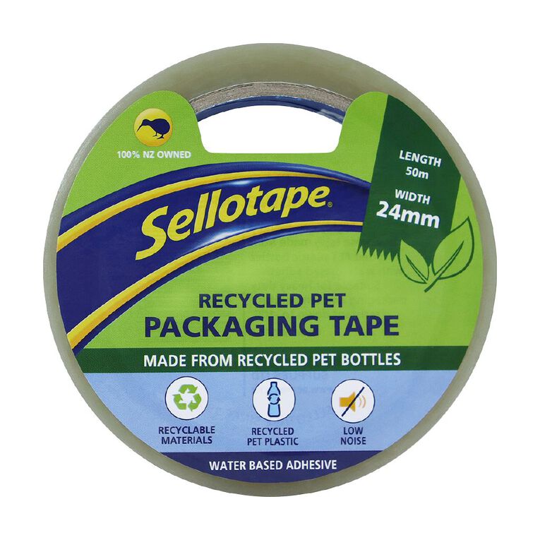 Sellotape Recycled PET Packaging Tape Low Noise 24mm x 50m, , hi-res