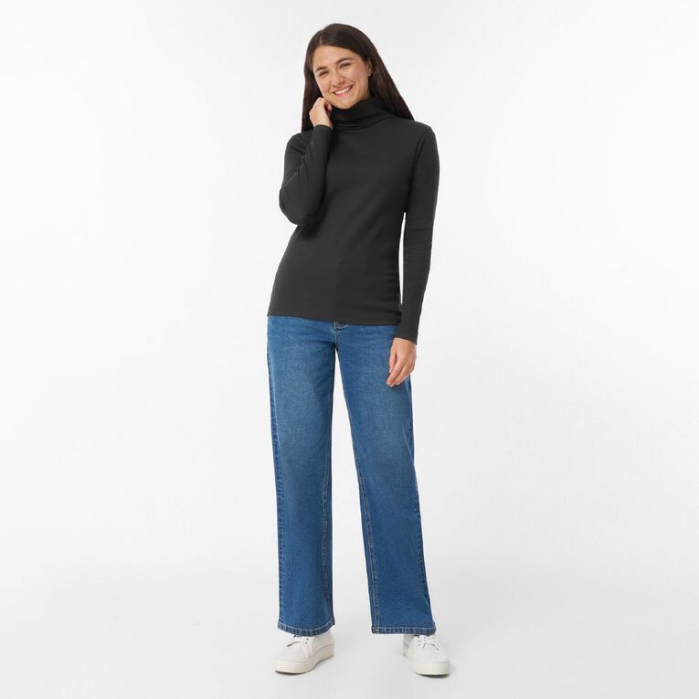 H&H Women's Long Sleeve Classic Rib Skivvy, Black, hi-res