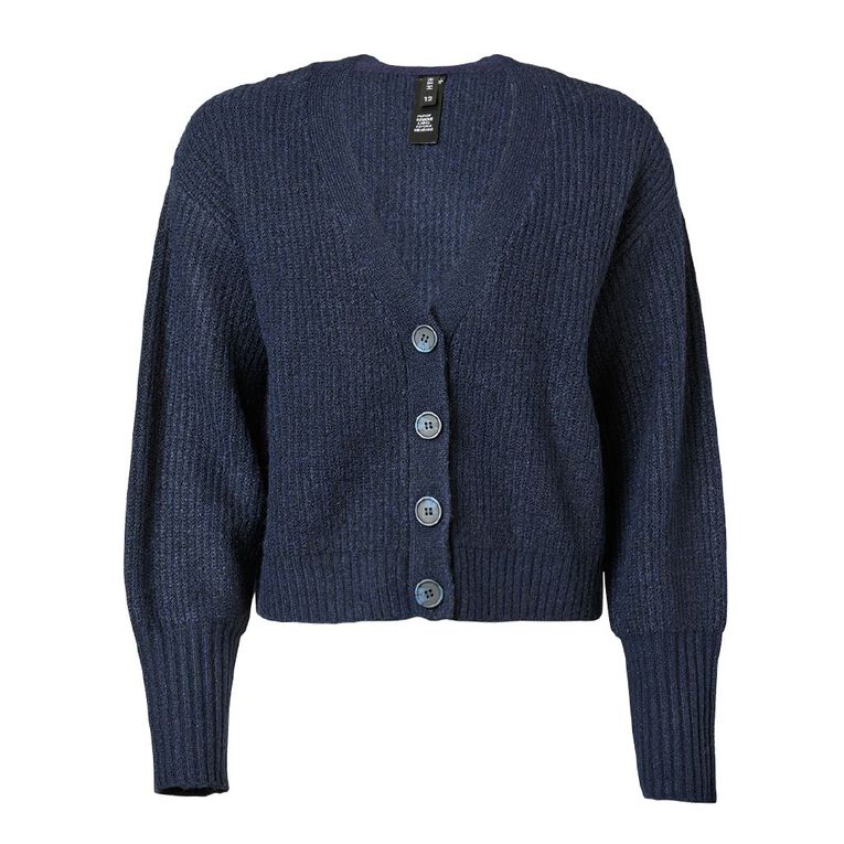 H&H Women's Long Puff Sleeve Cardi, Navy, hi-res