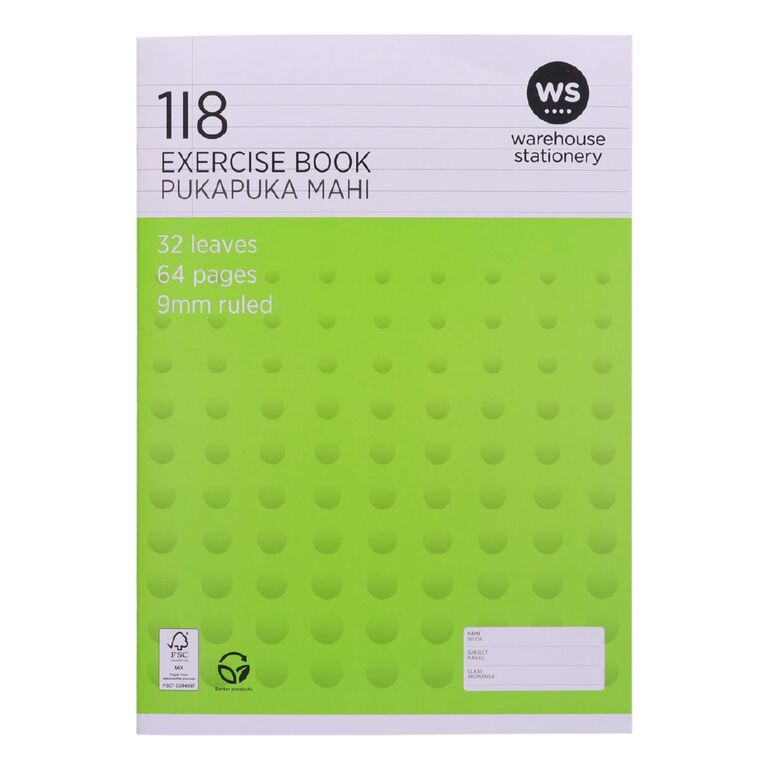 WS Exercise Book 1I8 9mm Ruled 32 Leaf Green, , hi-res