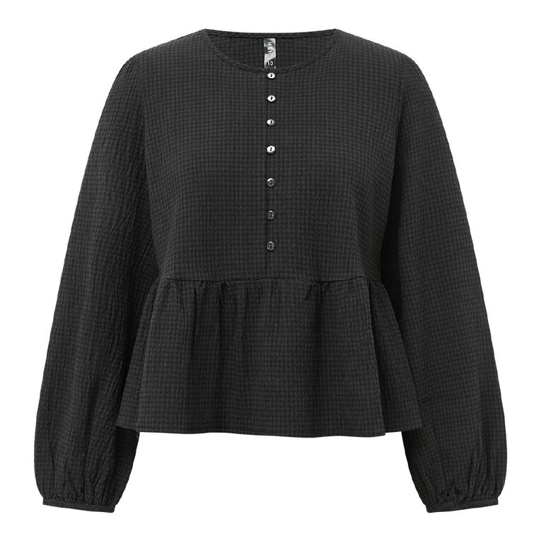 H&H Women's Long Sleeve Button Through Blouse, Black, hi-res