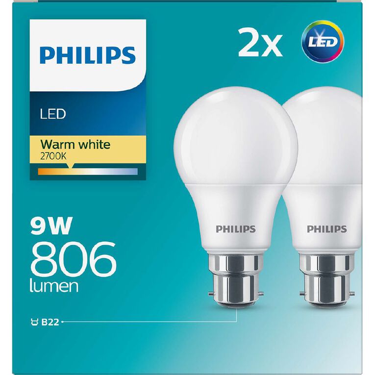 Philips LED B22 Light Bulb 9W Frosted Warm White 2 Pack, , hi-res