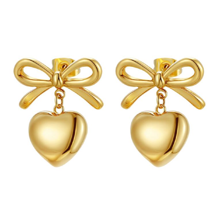 Waterproof Gold Plated Bow Heart Stud Earrings, , hi-res