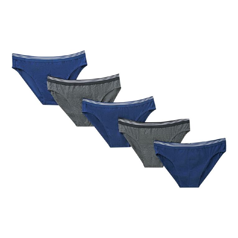 H&H Men's Attached Elastic Plain Briefs 5 Pack, Blue/Grey, hi-res