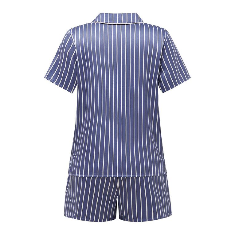 H&H Women's Satin Button Up Short Sleeve Pyjama Set, Blue Mid, hi-res