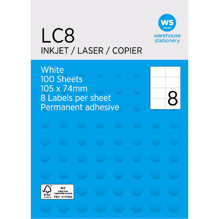 WS A4 8 Labels 100 Sheets White 105mm x74mm, , hi-res