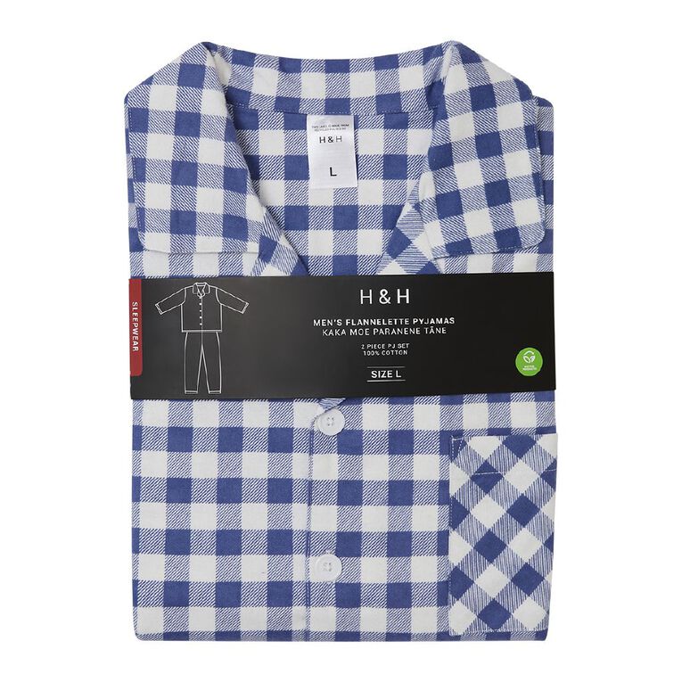 H&H Men's Button Up Flanelette Pyjama Set, Blue Mid, hi-res