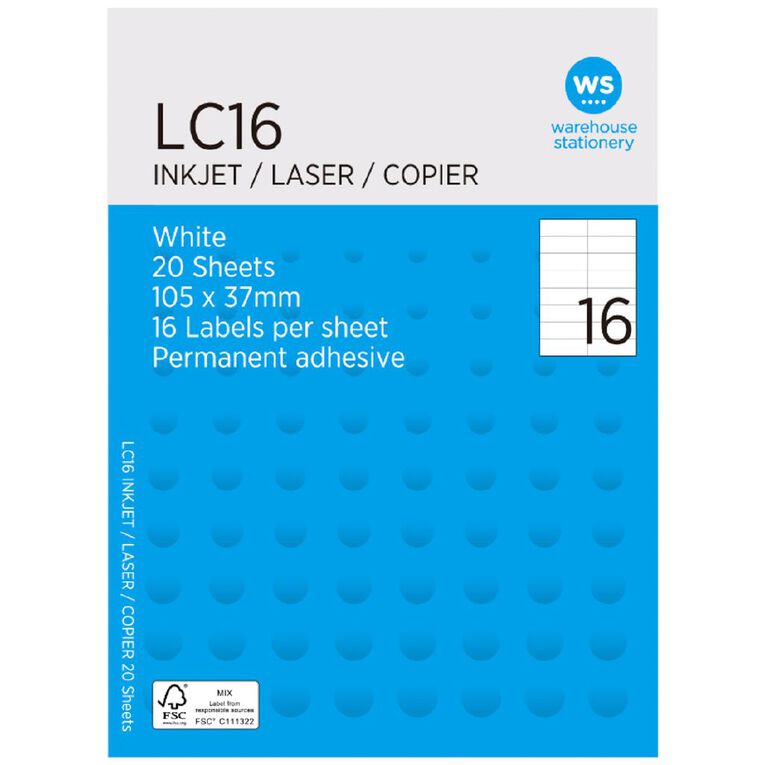 WS A4 16 Labels 20 Sheets White 105mm x 37mm, , hi-res