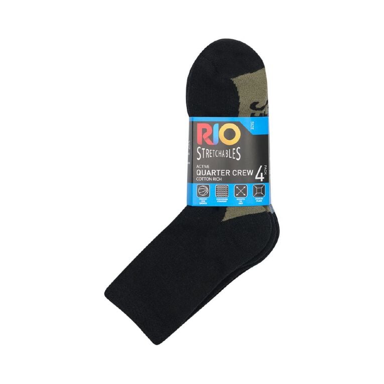 Rio Men's Quarter Crew Stretchable Socks 4 Pack, Black W26 68K, hi-res