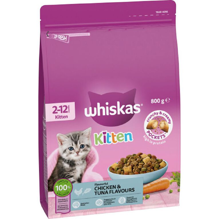 Whiskas Kitten Dry Cat Food Chicken & Tuna Bag 800g, , hi-res