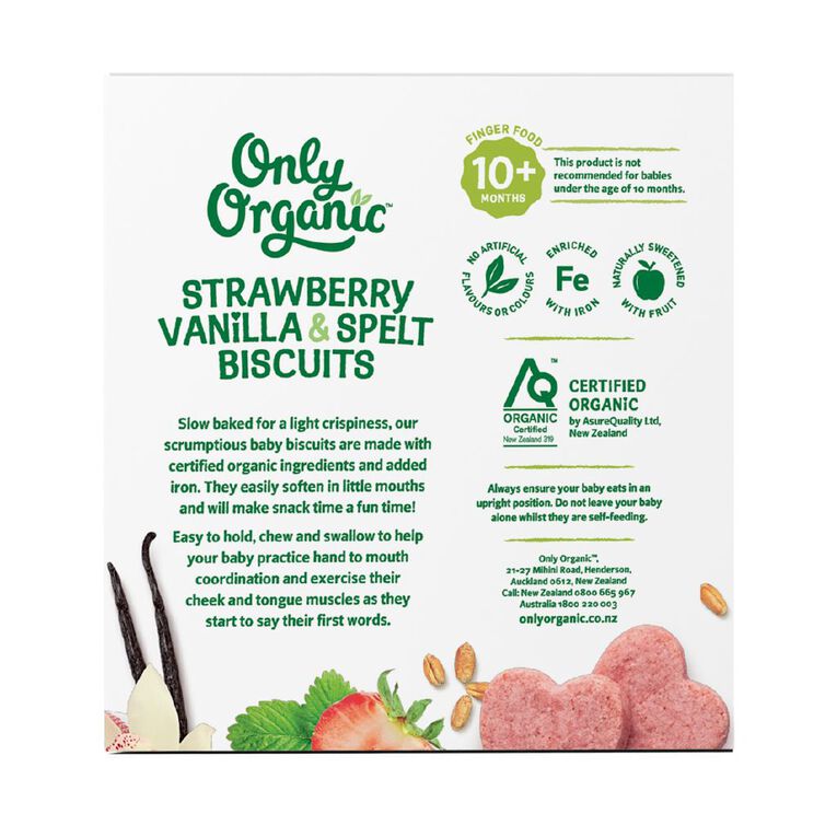 Only Organic Strawberry Vanilla & Spelt Biscuits 10+ Months 100g, , hi-res