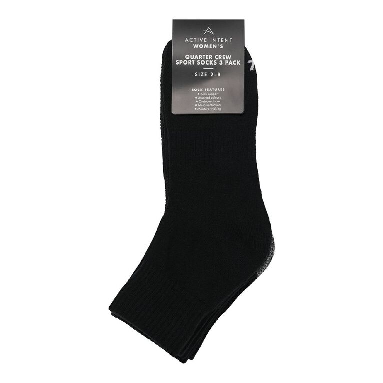 Active Intent Women's Quarter Crew Sport Socks 3 Pack, Black W25, hi-res