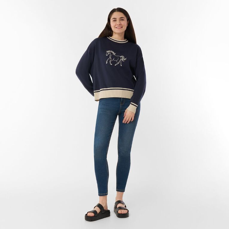 H&H Women's Embroidered Horse Jumper, Navy, hi-res