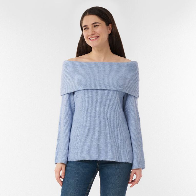 H&H Women's Long Sleeve Off Shoulder Knit Jumper, Blue Light, hi-res