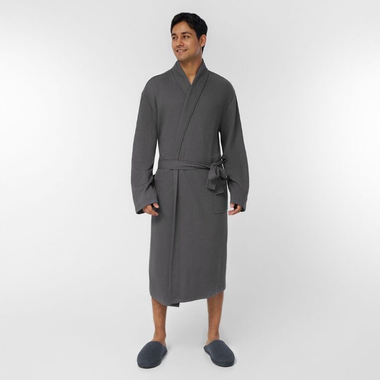 H&H Men's Waffle Robe, Grey Dark, hi-res