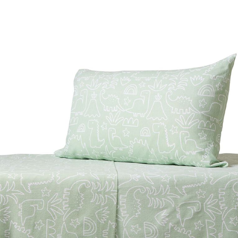 Living & Co Kids Cotton Flannelette Sheet Set Dino Green Single, , hi-res