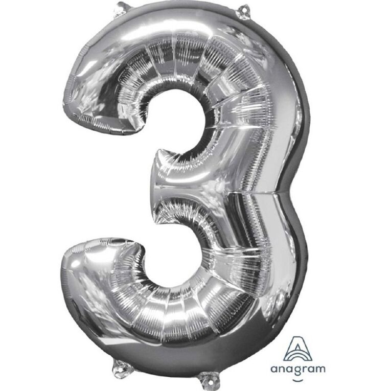 Anagram Mid-Size Shape Silver Number 3 Balloon, , hi-res