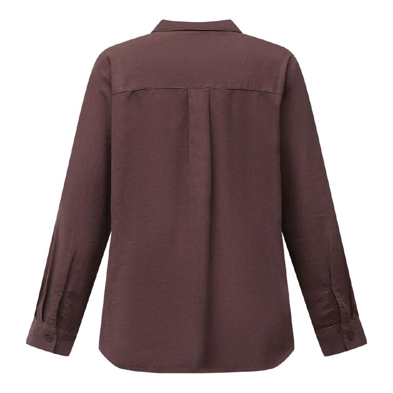 H&H Women's Long Sleeve Essential Linen Blend Shirt, Brown Dark, hi-res