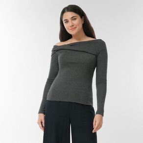 H&H Women's Long Sleeve Ribbed Twist Neckline Top