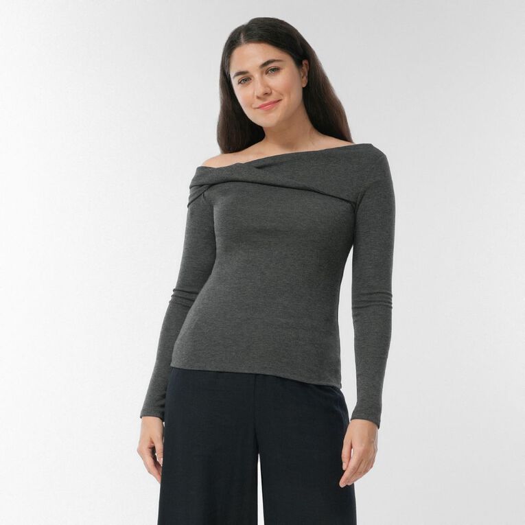 H&H Women's Long Sleeve Ribbed Twist Neckline Top, Grey Mid, hi-res