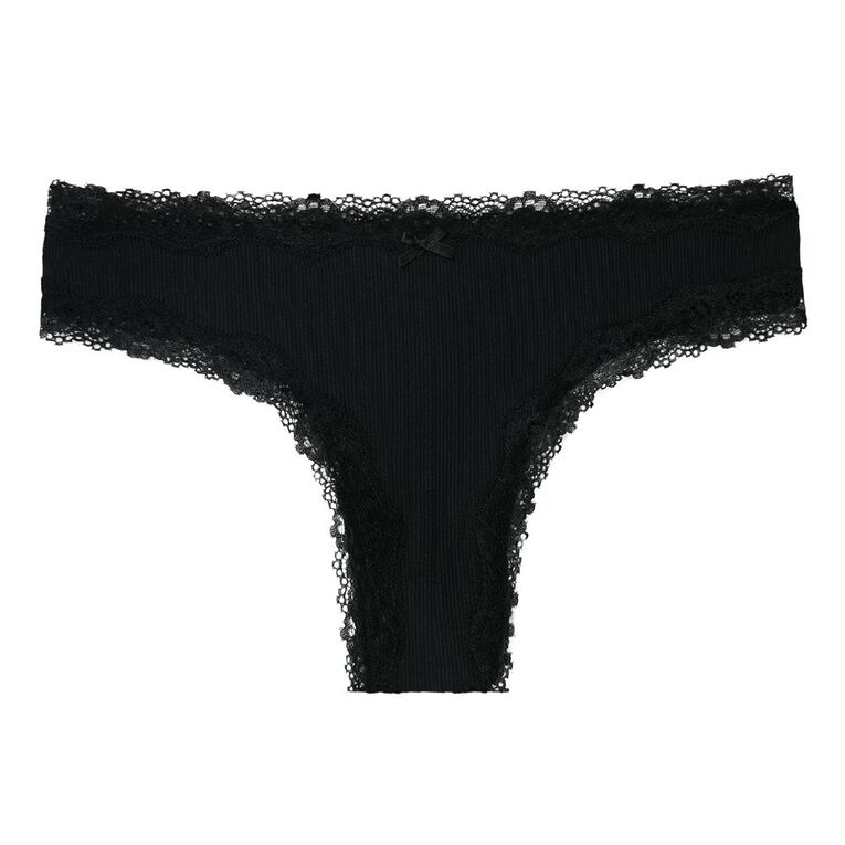 H&H Women's Rib And Lace G-strings 3 Pack, Black, hi-res