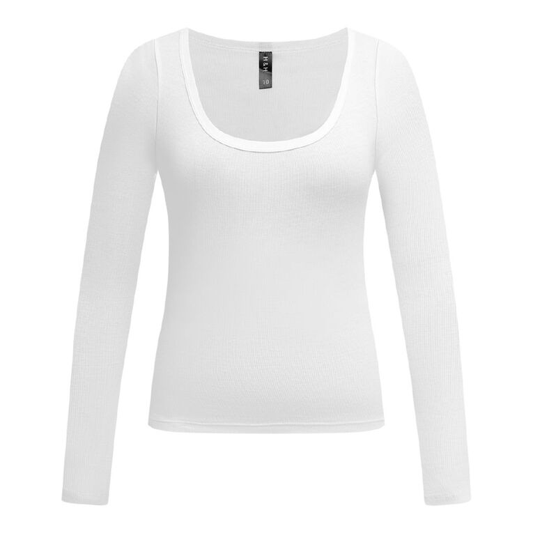 H&H Women's Long Sleeve Scoop Neck Rib Top, White, hi-res