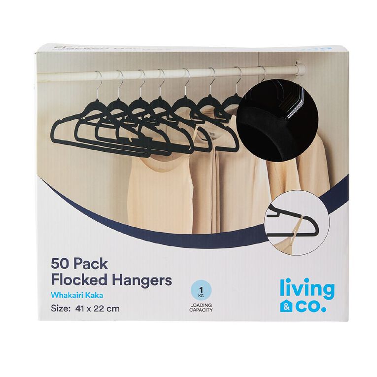 Living & Co Flocked Coat Hangers Black 50 Pack, , hi-res