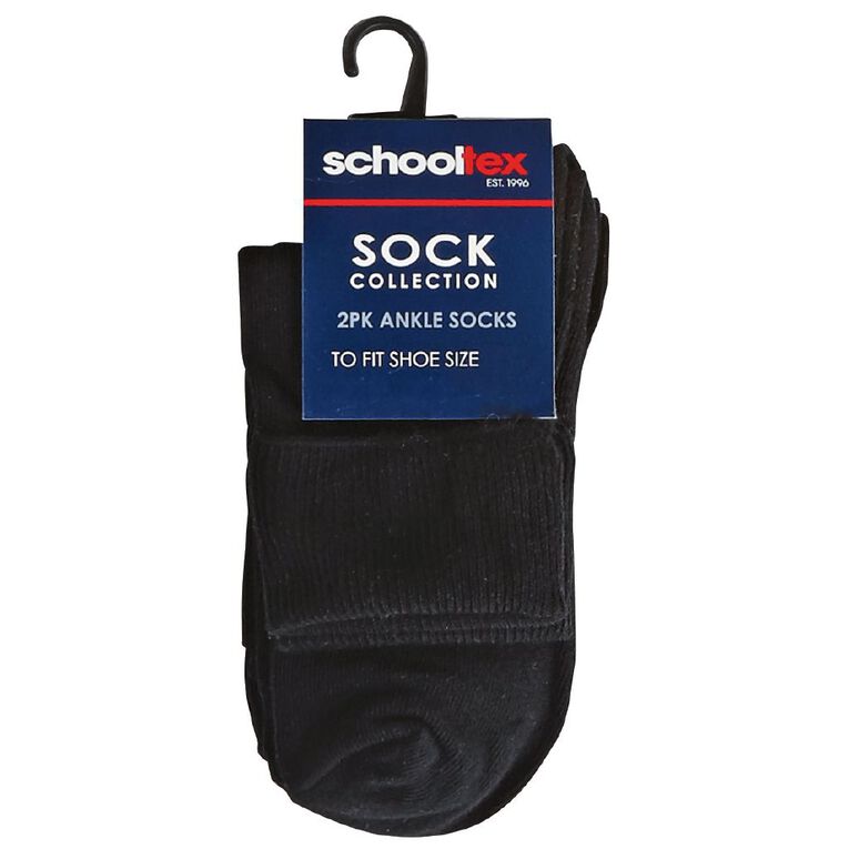 Schooltex Plain Ankle Socks 2 Pack, Black, hi-res
