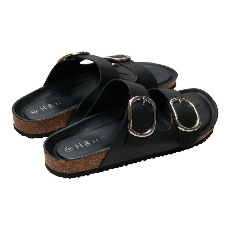 H&H Women's Ada Double Buckle Slides, Black, hi-res