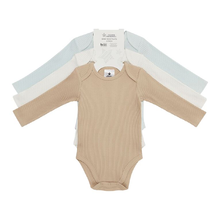 Young Original Baby's Long Sleeve Rib Bodysuit 3 Pack, Brown Light, hi-res