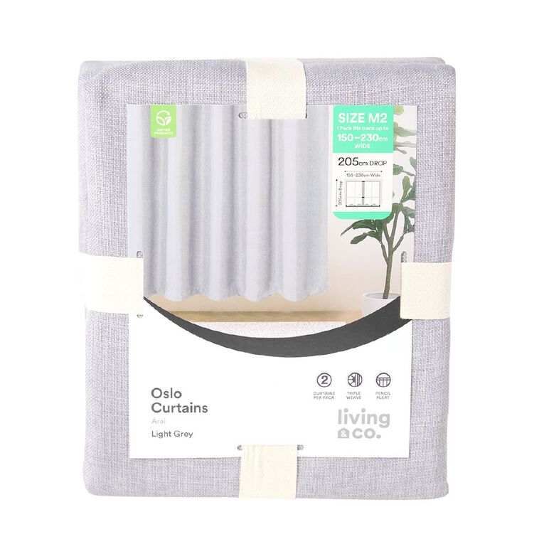 Living & Co Oslo Curtains Grey Light 150-230cm Wide/205cm Drop, Grey Light, hi-res