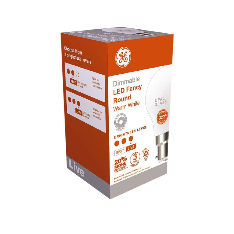 General Electric B22 LED Dimmable Lustre 4.8W Warm Light Bulb White, , hi-res
