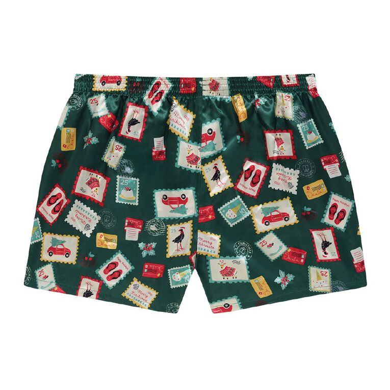 H&H Men's Printed Satin Boxer, Green Dark, hi-res