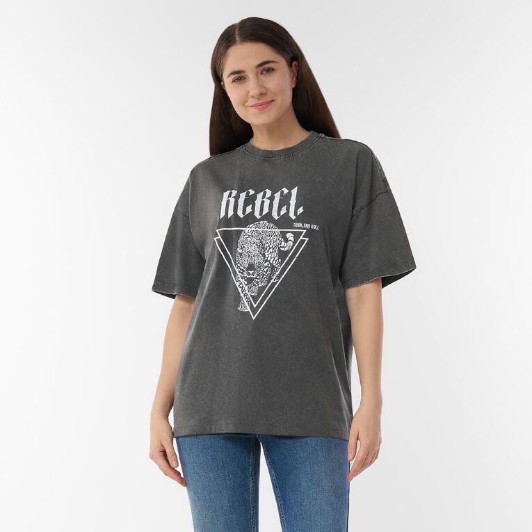 H&H Women's Short Sleeve Boyfriend Graphic Tee, Grey Dark EBONY, hi-res
