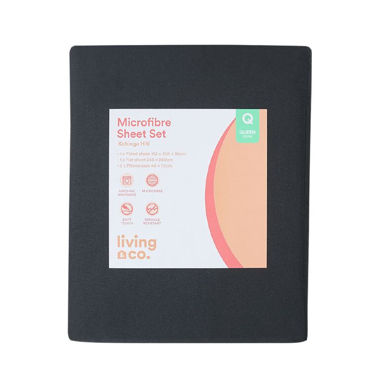 Living & Co Microfibre Sheet Set Black Double, Black, hi-res
