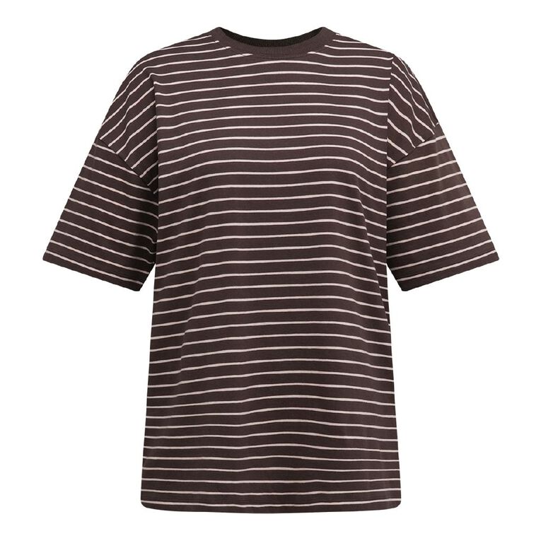H&H Women's Oversized Boyfriend Stripe Tee, Brown Dark, hi-res