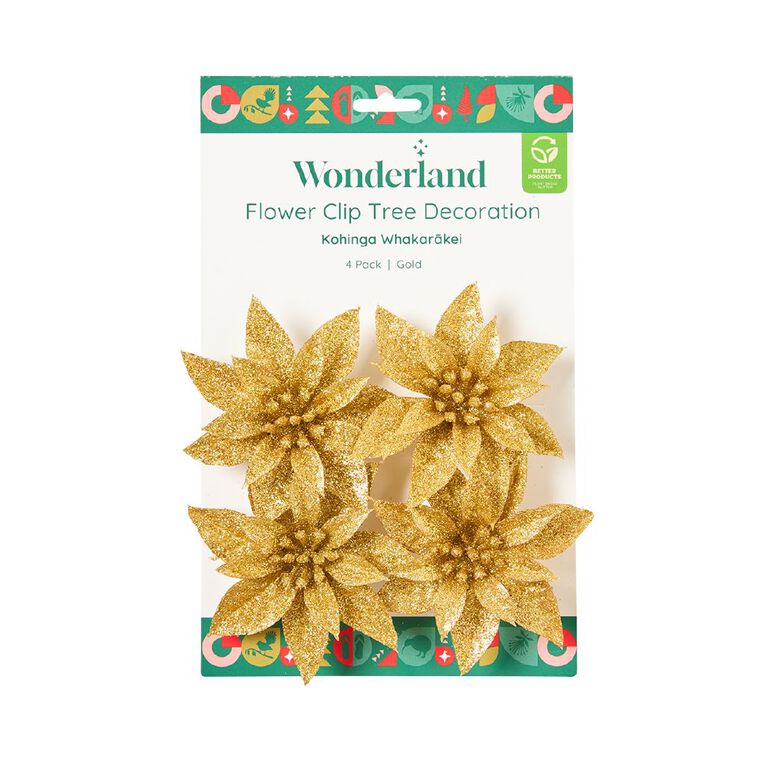 Wonderland Flower Clip Christmas Decoration Gold 4 Pack, , hi-res