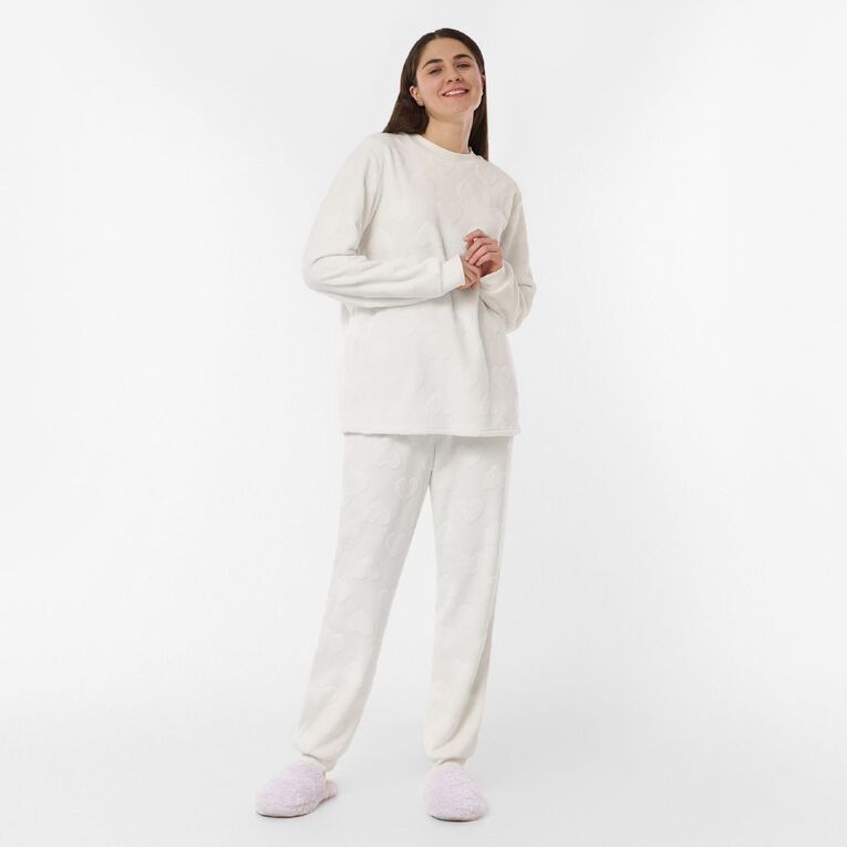H&H Women's Coral Fleece Pyjama Set, White, hi-res