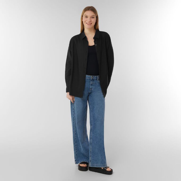H&H Women's Long Sleeve Essential Linen Blend Shirt, Black, hi-res