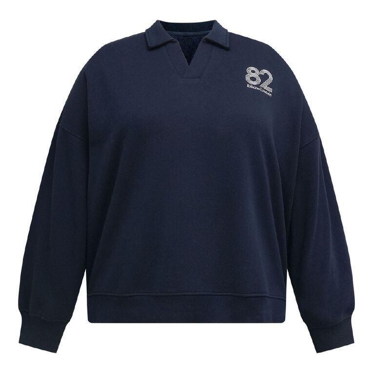 H&H Curve Women's Long Sleeve Polo Sweat, Navy, hi-res