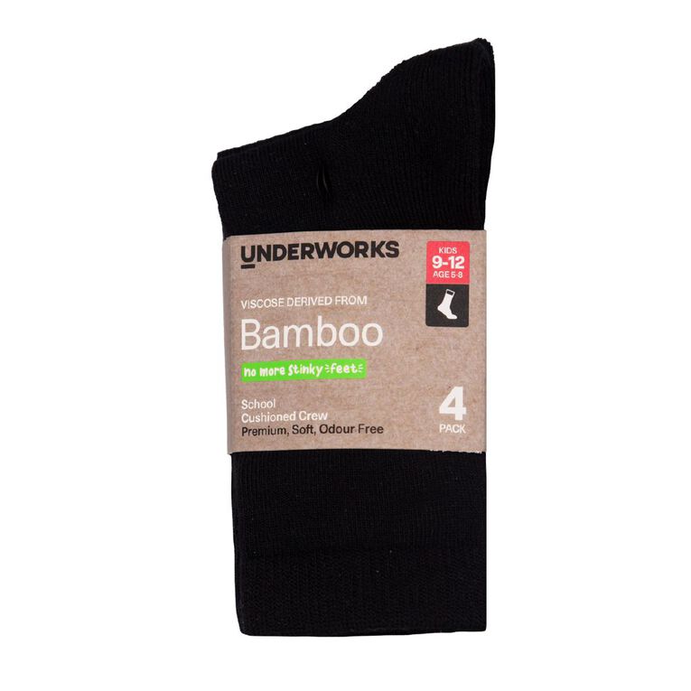 Underworks Kids' Bamboo School Crew Socks 4 Pack, Black, hi-res