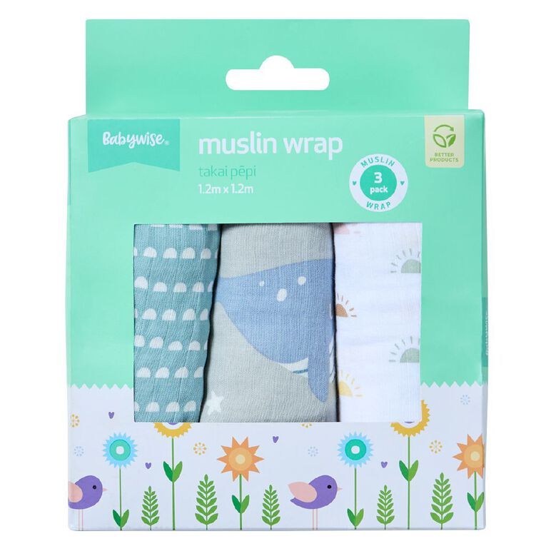 Babywise Muslin Wrap 3 Pack Whale, , hi-res