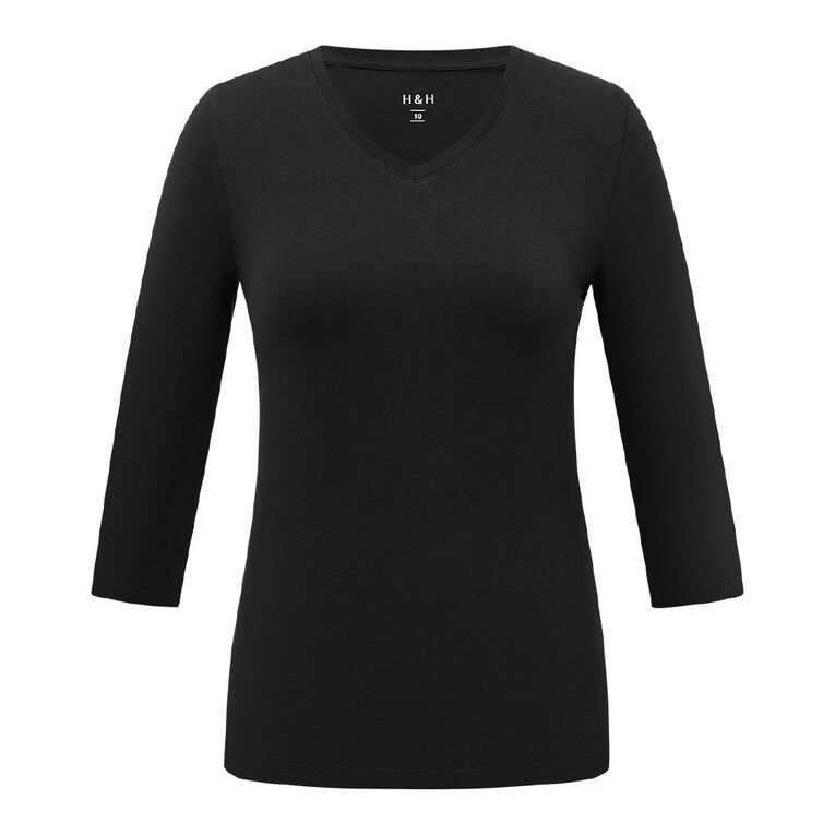 H&H Women's 3/4 Sleeve V-Neck Tee, Black, hi-res