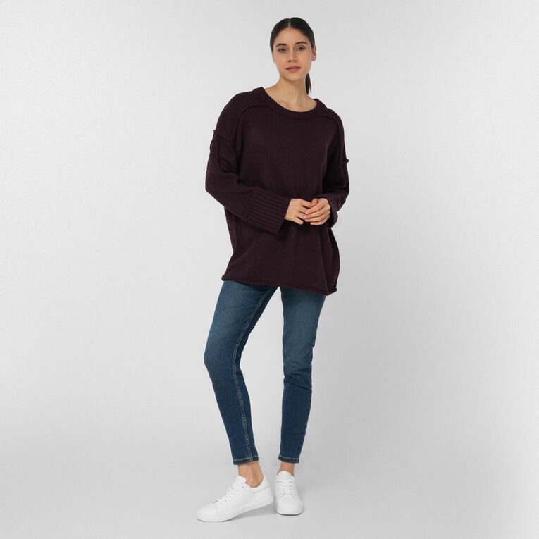 H&H Women's Long Chunky Knit With Contrast Stitch, Purple Dark, hi-res