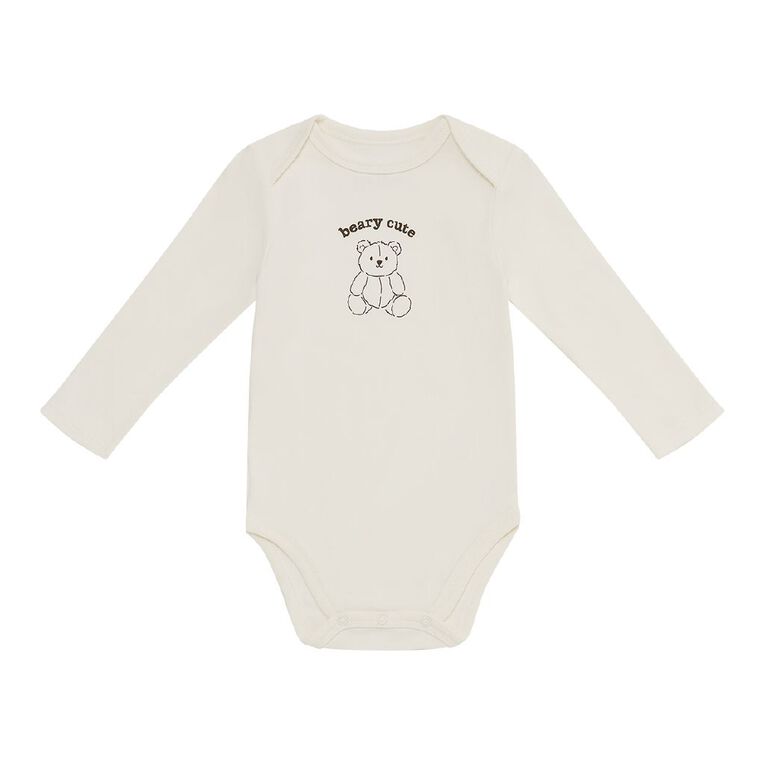 Young Original Babies' Long Sleeve Printed Bodysuit 3 Pack, Cream TEDDY, hi-res