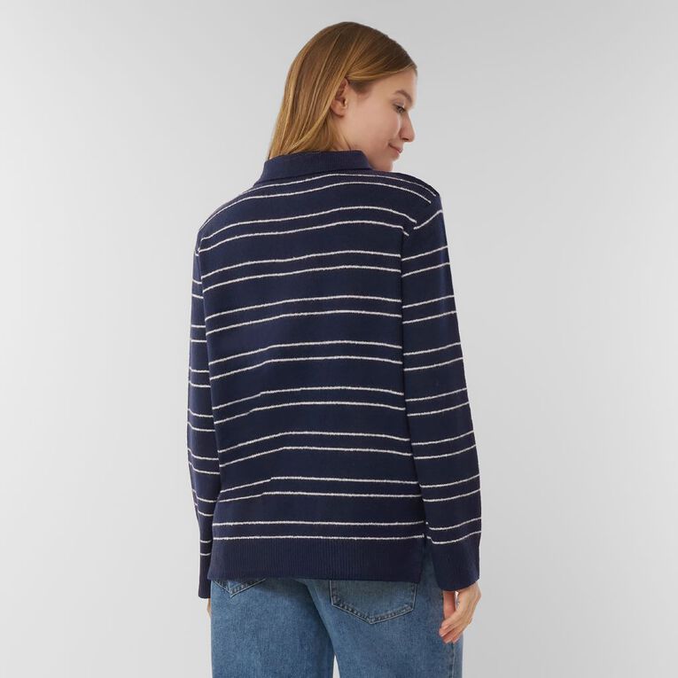 H&H Women's Relaxed Strike Button Polo Knit Jumper, Navy, hi-res