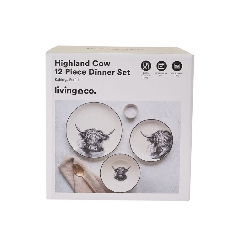 Living & Co Highland Cow 12 Piece Dinner Set White/Black, , hi-res