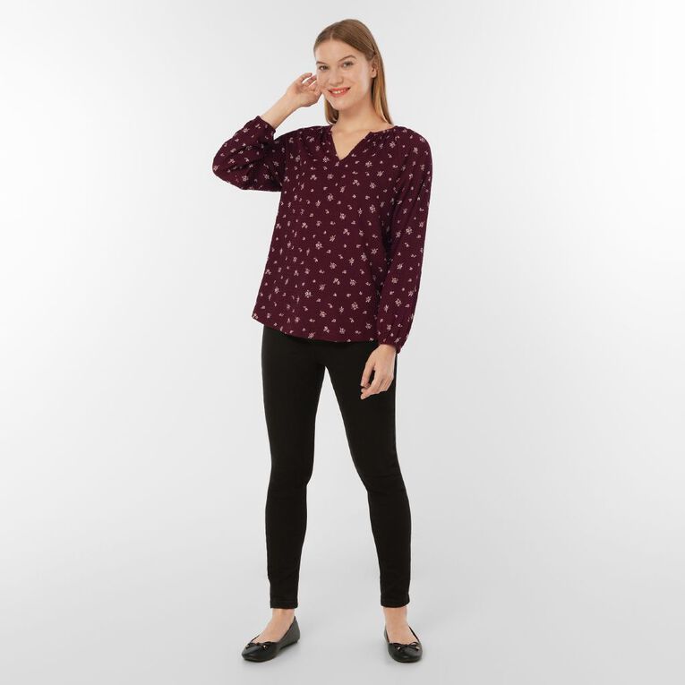 H&H Women's Long Sleeve V Neck Gathered Top, Red Dark, hi-res
