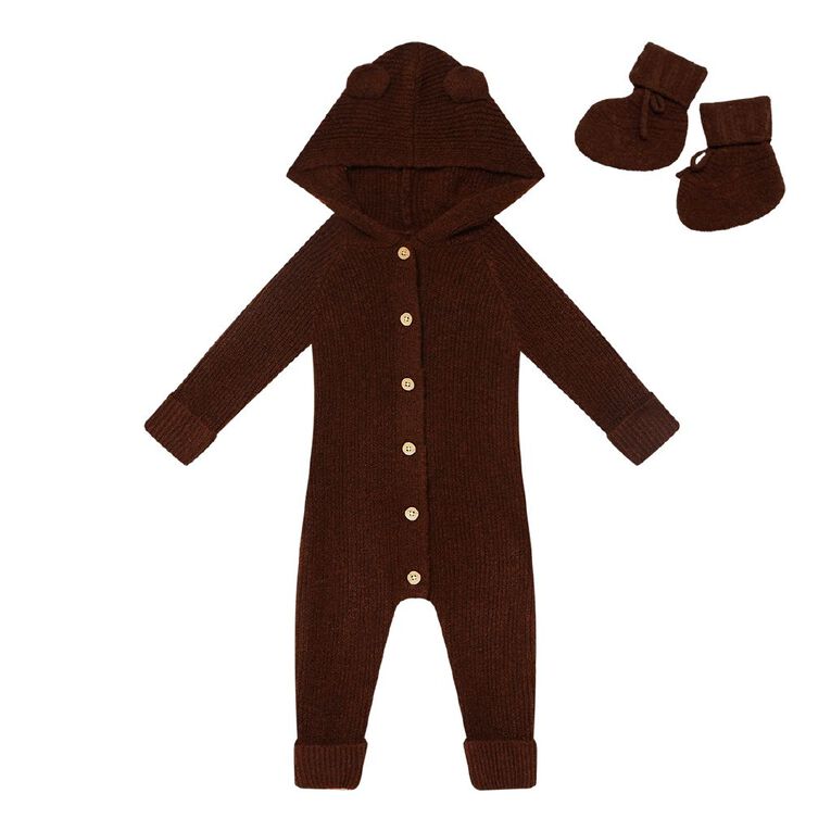 Young Original Babies' Knitted Romper Booties, Brown Dark, hi-res